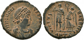 Honorius, 393-423. Follis (Bronze, 17 mm, 2.60 g, 5 h), Antiochia, 395-401. D N HONOR-IVS P F AVG Pearl-diademed, draped and cuirassed bust of Honoriu...