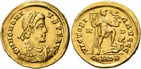 Honorius, 393-423. Solidus (Gold, 21 mm, 4.48 g, 6 h), Mediolanum, 395-402. D N HONORI-VS P F AVG Pearl-diademed, draped and cuirassed bust of Honoriu...