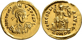 Honorius, 393-423. Solidus (Gold, 21 mm, 4.46 g, 11 h), Thessalonica, 395-402. D N HONORI-VS P F AVG Pearl-diademed, helmeted and cuirassed bust of Ho...