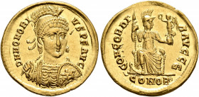 Honorius, 393-423. Solidus (Gold, 20 mm, 4.40 g, 6 h), Constantinopolis, 397-402. D N HONORI-VS P F AVG Pearl-diademed, helmeted and cuirassed bust of...
