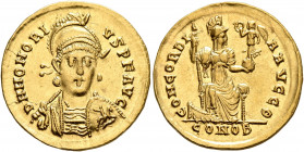 Honorius, 393-423. Solidus (Gold, 20 mm, 4.41 g, 6 h), Constantinopolis, 397-402. D N HONORI-VS P F AVG Pearl-diademed, helmeted and cuirassed bust of...