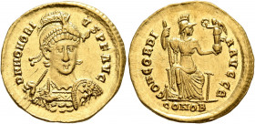 Honorius, 393-423. Solidus (Gold, 20 mm, 4.47 g, 6 h), Constantinopolis, 397-402. D N HONORI-VS P F AVG Pearl-diademed, helmeted and cuirassed bust of...