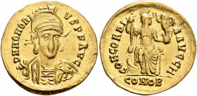 Honorius, 393-423. Solidus (Gold, 20 mm, 4.39 g, 6 h), Constantinopolis, 397-402. D N HONORI-VS P F AVG Pearl-diademed, helmeted and cuirassed bust of...