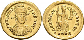 Honorius, 393-423. Solidus (Gold, 21 mm, 4.45 g, 7 h), Constantinopolis, 397-402. D N HONORI-VS P F AVG Pearl-diademed, helmeted and cuirassed bust of...