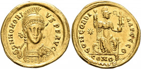 Honorius, 393-423. Solidus (Gold, 21 mm, 4.39 g, 5 h), Constantinopolis, 403-408. D N HONORI-VS P F AVG Pearl-diademed, helmeted and cuirassed bust of...