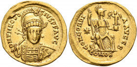 Theodosius II, 402-450. Solidus (Gold, 20 mm, 4.26 g, 5 h), Constantinopolis, 402. D N THEODO-SIVS P F AVG Pearl-diademed, helmeted and cuirassed bust...