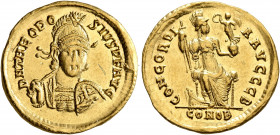 Theodosius II, 402-450. Solidus (Gold, 20 mm, 4.43 g, 6 h), Constantinopolis, 402-403. D N THEODO-SIVS P F AVG Helmeted and cuirassed bust of Theodosi...