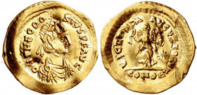 Theodosius II, 402-450. Tremissis (Gold, 14 mm, 1.41 g, 12 h), Constantinopolis, circa 430-440. Pearl-diademed, draped and cuirassed bust of Theodosiu...