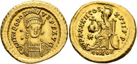 Theodosius II, 402-450. Solidus (Gold, 21 mm, 4.46 g, 7 h), Constantinopolis, 443-450. D N THEODOSIVS P F AVG Pearl-diademed, helmeted and cuirassed b...