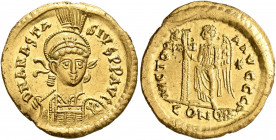Anastasius I, 491-518. Solidus (Gold, 20 mm, 4.47 g, 7 h), Constantinopolis, 491-498. D N ANASTASIVS P P AVG Pearl-diademed, helmeted and cuirassed bu...