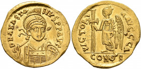 Anastasius I, 491-518. Solidus (Gold, 21 mm, 4.21 g, 7 h), Constantinopolis, 491-498. D N ANASTASIVS P P AVG Pearl-diademed, helmeted and cuirassed bu...