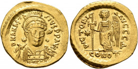 Anastasius I, 491-518. Solidus (Gold, 21 mm, 4.36 g, 6 h), Constantinopolis, 498-518. D N ANASTASIVS P P AVG Pearl-diademed, helmeted and cuirassed bu...