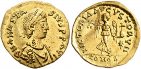 Anastasius I, 491-518. Tremissis (Gold, 15 mm, 1.34 g, 5 h), Constantinopolis. D N ANASTASIVS P P AVG Pearl-diademed, draped and cuirassed bust of Ana...