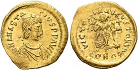 Anastasius I, 491-518. Tremissis (Gold, 15 mm, 1.49 g, 7 h), Constantinopolis (?). D N ANASTASIVS P P AVG Pearl-diademed, draped and cuirassed bust of...