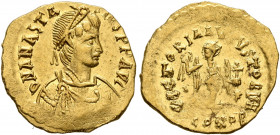 Anastasius I, 491-518. Tremissis (Gold, 14 mm, 1.51 g, 6 h), Constantinopolis. D N ANASTASIVS P P AVG Pearl-diademed, draped and cuirassed bust of Ana...