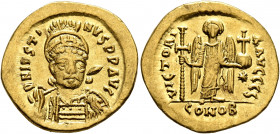 Justin I, 518-527. Solidus (Gold, 20 mm, 4.48 g, 7 h), Constantinopolis, 519-527. D N IVSTINVS P P AVG Pearl-diademed, helmeted and cuirassed bust of ...
