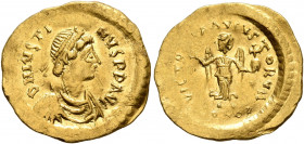 Justin I, 518-527. Tremissis (Gold, 16 mm, 1.46 g, 7 h), Constantinopolis. D N IVSTINVS P P AVI Diademed, draped and cuirassed bust of Justin I to rig...