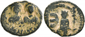 Justin I & Justinian I, 527. Pentanummium (Bronze, 91x92 mm, 1.93 g, 5 h), Antiochia. [+D N D N IVSTINVS ЄT I]VSTINIANVS Diademed, draped, and cuirass...