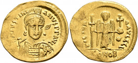 Justinian I, 527-565. Solidus (Gold, 22 mm, 4.32 g, 6 h), Constantinopolis, 527-538. D N IVSTINIANVS P P AVG Helmeted, diademed and cuirassed bust of ...