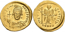 Justinian I, 527-565. Solidus (Gold, 21 mm, 4.40 g, 6 h), Constantinopolis, circa 538-545. D N IVSTINIANVS P P AVG Helmeted and cuirassed bust of Just...