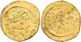 Justinian I, 527-565. Tremissis (Gold, 16 mm, 1.47 g, 12 h), Constantinopolis. D N IVSTINIANVS P P AVI Diademed, draped and cuirassed bust of Justinia...