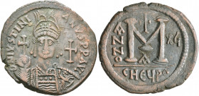 Justinian I, 527-565. Follis (Bronze, 38 mm, 21.53 g, 5 h), Theoupolis (Antiochia), RY 16 = 542/3. D N IVSTINI-ANVS P P AVI Helmeted and cuirassed bus...