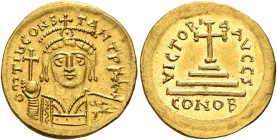 Tiberius II Constantine, 578-582. Solidus (Gold, 19 mm, 4.48 g, 6 h), Carthage, RY 6 = 579/80. δ m TIb CONSTANT P P AVG Draped and cuirassed bust of T...