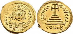 Tiberius II Constantine, 578-582. Solidus (Gold, 21 mm, 4.46 g, 6 h), Constantinopolis, 579-852. δ m TIb CONSTANT P P AVG Draped and cuirassed bust of...