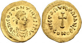 Tiberius II Constantine, 578-582. Tremissis (Gold, 17 mm, 1.48 g, 5 h), Constantinopolis. δ m COSTANTINVS P P AG Pearl-diademed, draped and cuirassed ...