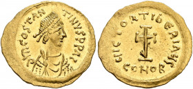 Tiberius II Constantine, 578-582. Tremissis (Gold, 17 mm, 1.48 g, 6 h), Constantinopolis. δ m COSTANTINVS P P AG Pearl-diademed, draped and cuirassed ...