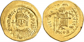 Maurice Tiberius, 582-602. Solidus (Gold, 22 mm, 4.33 g, 7 h), Constantinopolis, 583-601. O N mAVRC TIb P P AVI Draped and cuirassed bust of Maurice T...