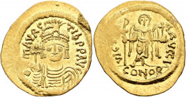 Maurice Tiberius, 582-602. Solidus (Gold, 23 mm, 4.46 g, 6 h), Constantinopolis, 583-601. O N mAVRC TIb P P AVI Draped and cuirassed bust of Maurice T...