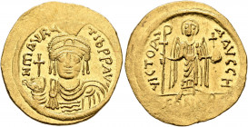 Maurice Tiberius, 582-602. Solidus (Gold, 22 mm, 4.46 g, 6 h), Constantinopolis, 583-601. O N mAVRC TIb P P AVI' Draped and cuirassed bust of Maurice ...