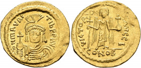 Maurice Tiberius, 582-602. Solidus (Gold, 21 mm, 4.44 g, 6 h), Constantinopolis, 583-601. O N mAVRC TIb P P AVI Draped and cuirassed bust of Maurice T...