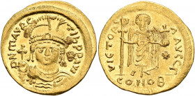 Maurice Tiberius, 582-602. Light weight Solidus of 23 Siliquae (Gold, 21 mm, 4.30 g, 7 h), Constantinopolis, 583-601. O N mAVRC TIb P P AVI Draped and...