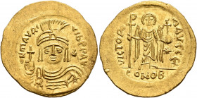 Maurice Tiberius, 582-602. Light weight Solidus of 23 Siliquae (Gold, 21 mm, 4.28 g, 7 h), Constantinopolis, 583-601. o N mAVRC TIb P P AVI Draped and...