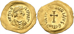 Maurice Tiberius, 582-602. Tremissis (Gold, 18 mm, 1.48 g, 7 h), Constantinopolis. O N TIbЄRI P P AVG Pearl-diademed, draped and cuirassed bust of Mau...