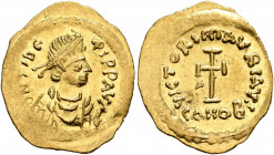 Maurice Tiberius, 582-602. Tremissis (Gold, 18 mm, 1.48 g, 6 h), Constantinopolis. O N TIbЄRI P P AVG Pearl-diademed, draped and cuirassed bust of Mau...