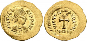 Maurice Tiberius, 582-602. Tremissis (Gold, 18 mm, 1.48 g, 5 h), Constantinopolis. O N TIbЄRI P P AVG Pearl-diademed, draped and cuirassed bust of Mau...