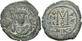 Maurice Tiberius, 582-602. Follis (Bronze, 35 mm, 12.78 g, 7 h), Nicomedia, RY 20 = AD 601/2. Crowned facing bust of Maurice Tiberius, wearing crown s...