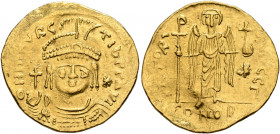 Maurice Tiberius, 582-602. Light weight Solidus of 23 Siliquae (Gold, 21 mm, 4.28 g, 6 h), Theoupolis (Antiochia). O N mAVRC TIb P P AVI Draped and cu...