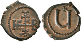 Maurice Tiberius, 582-602. Pentanummium (Bronze, 16 mm, 2.12 g, 11 h), Theoupolis (Antiochia). Monogram of Maurice Tiberius. Rev. Large Ч; above, cros...
