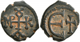 Maurice Tiberius, 582-602. Pentanummium (Bronze, 14 mm, 1.64 g, 12 h), Theoupolis (Antiochia). Monogram of Maurice Tiberius. Rev. Large Є; in field to...