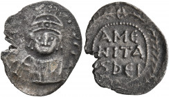 Theodosius, 590-602. Half Siliqua (Silver, 16 mm, 0.67 g, 7 h), Carthago. Helmeted, draped and cuirassed bust of Theodosius facing; around, traces of ...