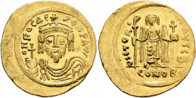 Phocas, 602-610. Solidus (Gold, 21 mm, 4.44 g, 7 h), Constantinopolis, 602/3. O N FOCAЄ PERP AVG Draped and cuirassed bust of Phocas facing, wearing c...