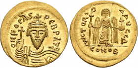 Phocas, 602-610. Solidus (Gold, 21 mm, 4.51 g, 7 h), Constantinopolis, 603-607. O N FOCAS PERP AVI Draped and cuirassed bust of Phocas facing, wearing...