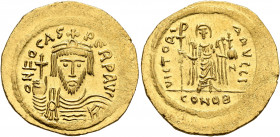 Phocas, 602-610. Solidus (Gold, 22 mm, 4.44 g, 7 h), Constantinopolis, 603-607. O N FOCAS PERP AVI Draped and cuirassed bust of Phocas facing, wearing...