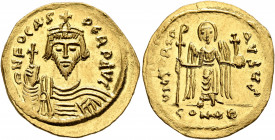 Phocas, 602-610. Solidus (Gold, 22 mm, 4.38 g, 7 h), Constantinopolis, 607-610. δ N FOCAS PERP AVI Draped and cuirassed bust of Phocas facing, wearing...