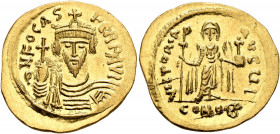 Phocas, 602-610. Solidus (Gold, 22 mm, 4.46 g, 7 h), Constantinopolis, 607-610. δ N FOCAS PERP AVI Draped and cuirassed bust of Phocas facing, wearing...