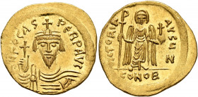 Phocas, 602-610. Solidus (Gold, 21 mm, 4.47 g, 7 h), Constantinopolis, 607-610. δ N FOCAS PERP AVI Draped and cuirassed bust of Phocas facing, wearing...